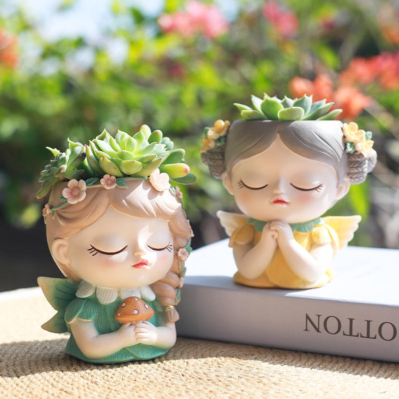 cute prayer girl resin desktop flower pot fairy princess flower pot home garden desk decoration bonsai gift for friends