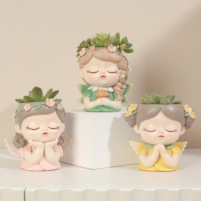 cute prayer girl resin desktop flower pot fairy princess flower pot home garden desk decoration bonsai gift for friends