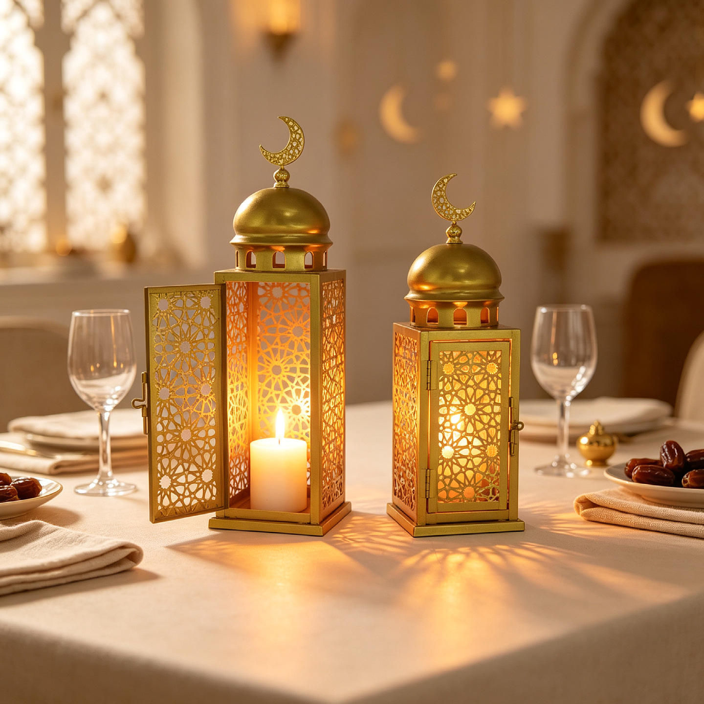 Moroccan Gold Star Moon Wrought Iron Candlestick Middle Eastern Arabic-Style Festive Table Decoration Creative Metal Craft