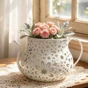 French-Style Distressed Openwork Metal Teapot Flower Pot Classic Large-Capacity Succulent Planter for Outdoor Gardens Balconies