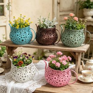 French-Style Distressed Openwork Metal Teapot Flower Pot Classic Large-Capacity Succulent Planter for Outdoor Gardens Balconies