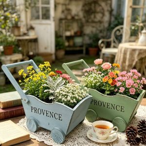 New French Style Solid Wood Desktop Trolley Flower Pot Flower Stand Garden Balcony Landscape Ornament Creative Wooden Handicraft